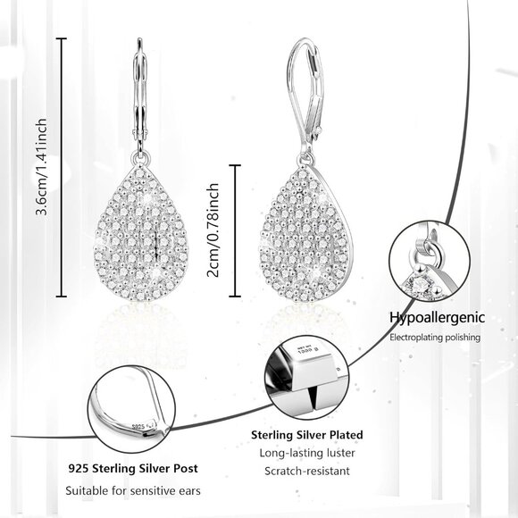 925 Sterling Silver Waterdrop Trendy Hypoallergenic Leverback Earings for Women - Picture 3 of 7